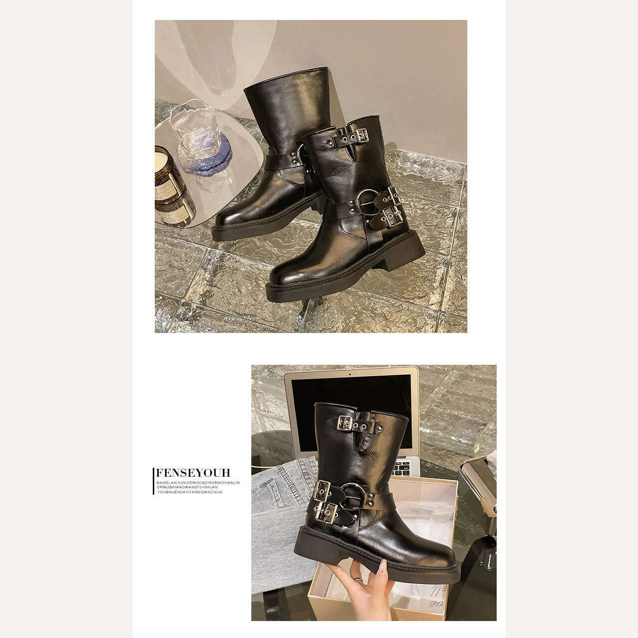 Boots Women Rivet Platform Short Leather Boots Low-heel Black Designer Belt Buckle New Rock Shoes Cowboy Style Punk Booties - KIMLUD