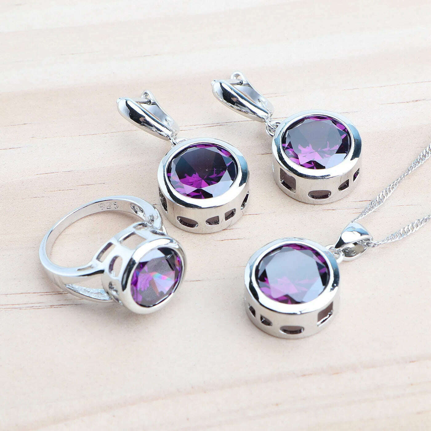 Bridal Silver 925 Jewelry Sets For Women Wedding Jewelry Ladies Purple Zircon Rings Bracelets Set Earrings Pendant Necklace - KIMLUD