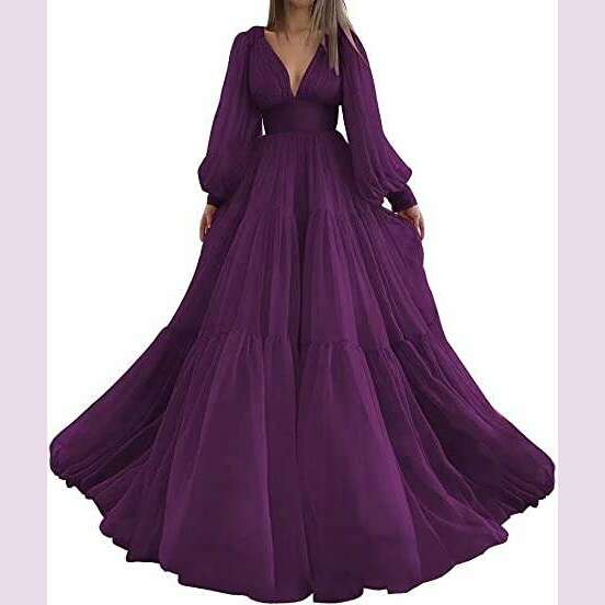 Bridalaffair Pleat Tulle Princess Prom Gown V-Neck Long Puff Sleeve Plus Size Evening Gown Elegant Dress Women for Wedding Party - KIMLUD