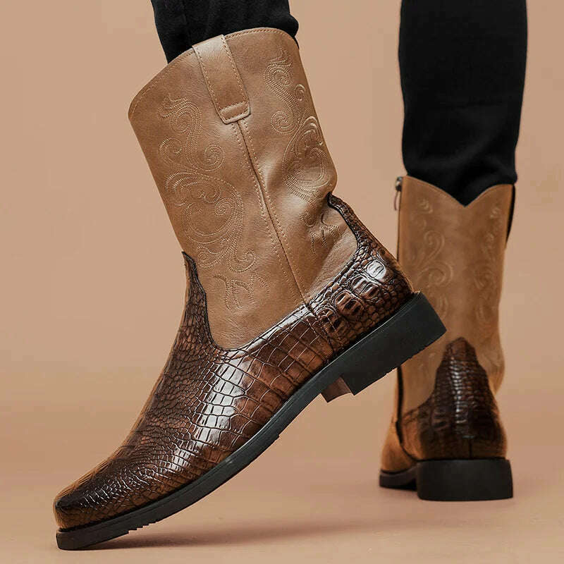 British Style Fashion Embroidery Men's High Boots Big Size 46 Leather Western Boots Men Casual Cowboy Boots for Men Botas Hombre - KIMLUD