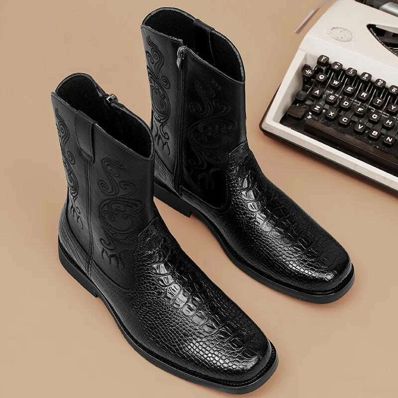British Style Fashion Embroidery Men's High Boots Big Size 46 Leather Western Boots Men Casual Cowboy Boots for Men Botas Hombre - KIMLUD