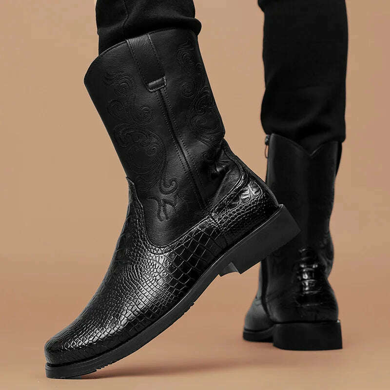 British Style Fashion Embroidery Men's High Boots Big Size 46 Leather Western Boots Men Casual Cowboy Boots for Men Botas Hombre - KIMLUD