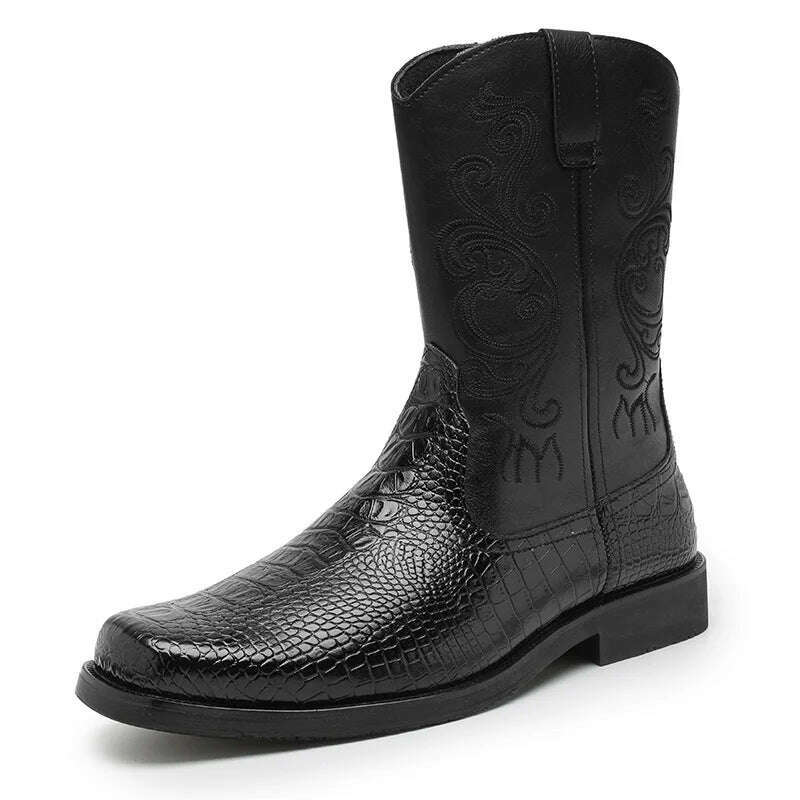 British Style Fashion Embroidery Men's High Boots Big Size 46 Leather Western Boots Men Casual Cowboy Boots for Men Botas Hombre - KIMLUD