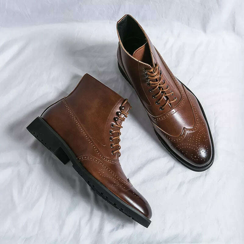 Brown Brogue Men Short Boots Lace-up Ankle Handmade Square Toe Motorcycle Boots Free Shipping with Men Boots Zapatos Hombre - KIMLUD