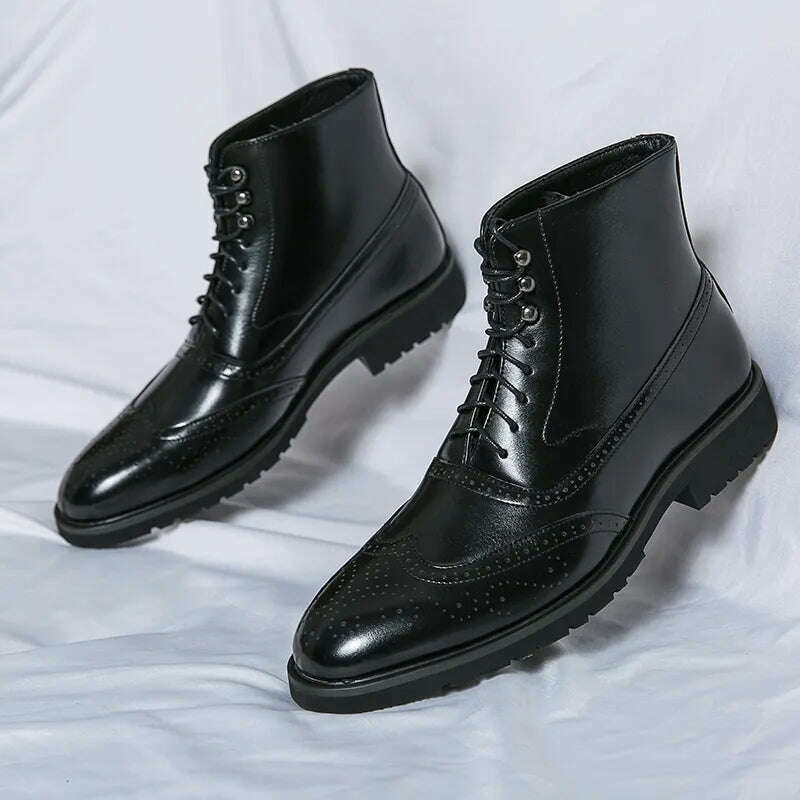 Brown Brogue Men Short Boots Lace-up Ankle Handmade Square Toe Motorcycle Boots Free Shipping with Men Boots Zapatos Hombre - KIMLUD