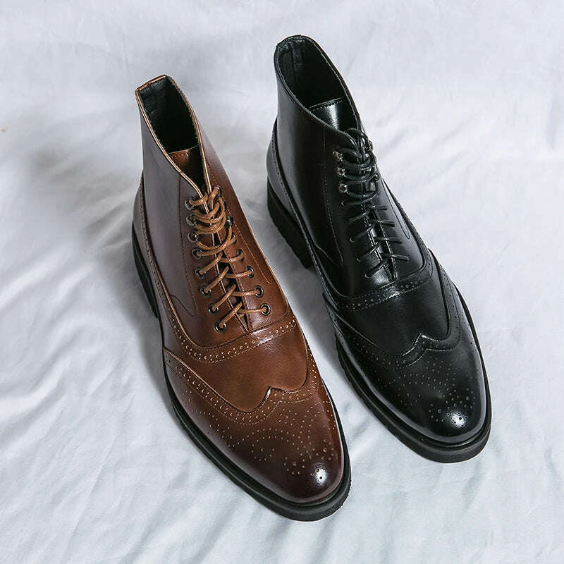Brown Brogue Men Short Boots Lace-up Ankle Handmade Square Toe Motorcycle Boots Free Shipping with Men Boots Zapatos Hombre - KIMLUD
