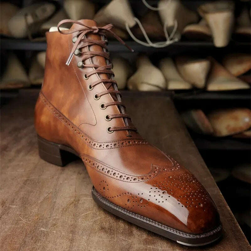 Brown Brogue Men Short Boots Lace-up Ankle Handmade Square Toe Motorcycle Boots Free Shipping with Men Boots Zapatos Hombre - KIMLUD
