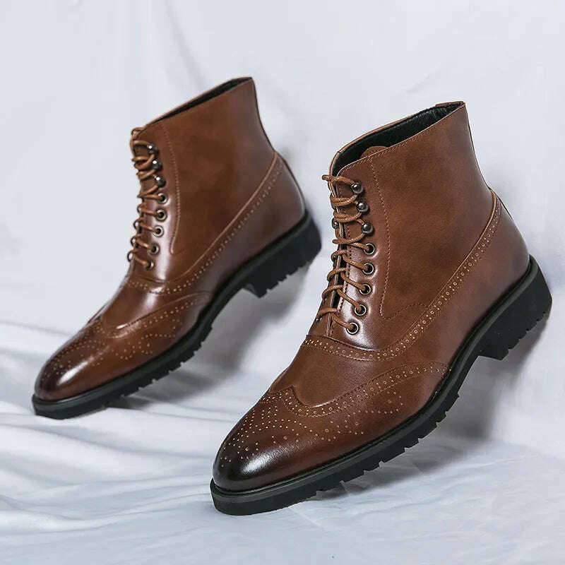 Brown Brogue Men Short Boots Lace-up Ankle Handmade Square Toe Motorcycle Boots Free Shipping with Men Boots Zapatos Hombre - KIMLUD