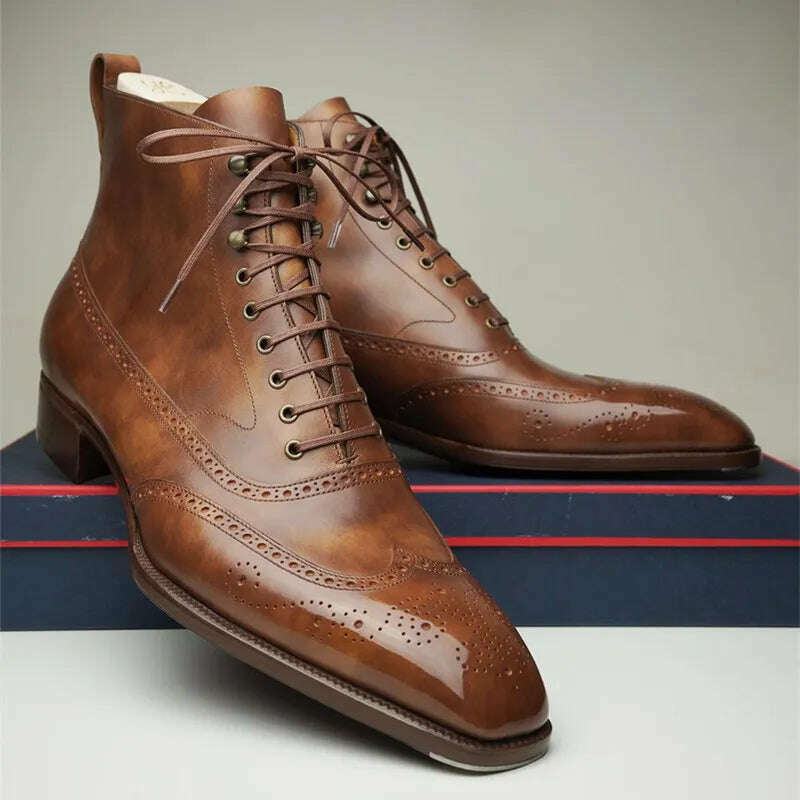 Brown Brogue Men Short Boots Lace-up Ankle Handmade Square Toe Motorcycle Boots Free Shipping with Men Boots Zapatos Hombre - KIMLUD