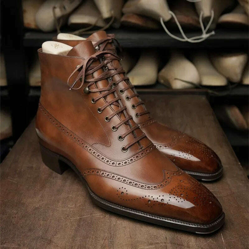 Brown Brogue Men Short Boots Lace-up Ankle Handmade Square Toe Motorcycle Boots Free Shipping with Men Boots Zapatos Hombre - KIMLUD