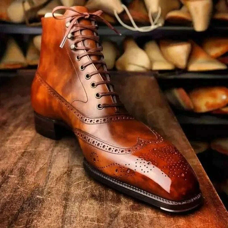 Brown Brogue Men Short Boots Lace-up Ankle Handmade Square Toe Motorcycle Boots Free Shipping with Men Boots Zapatos Hombre - KIMLUD
