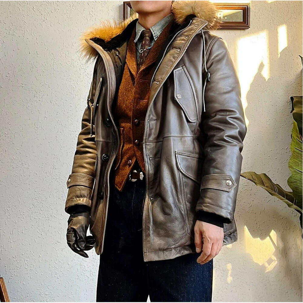 CD2375 Red Tornado Big Size Super Warm Mens Genuine Cow Leather 90% Duck Feather Jacket Long N3B Coat - KIMLUD