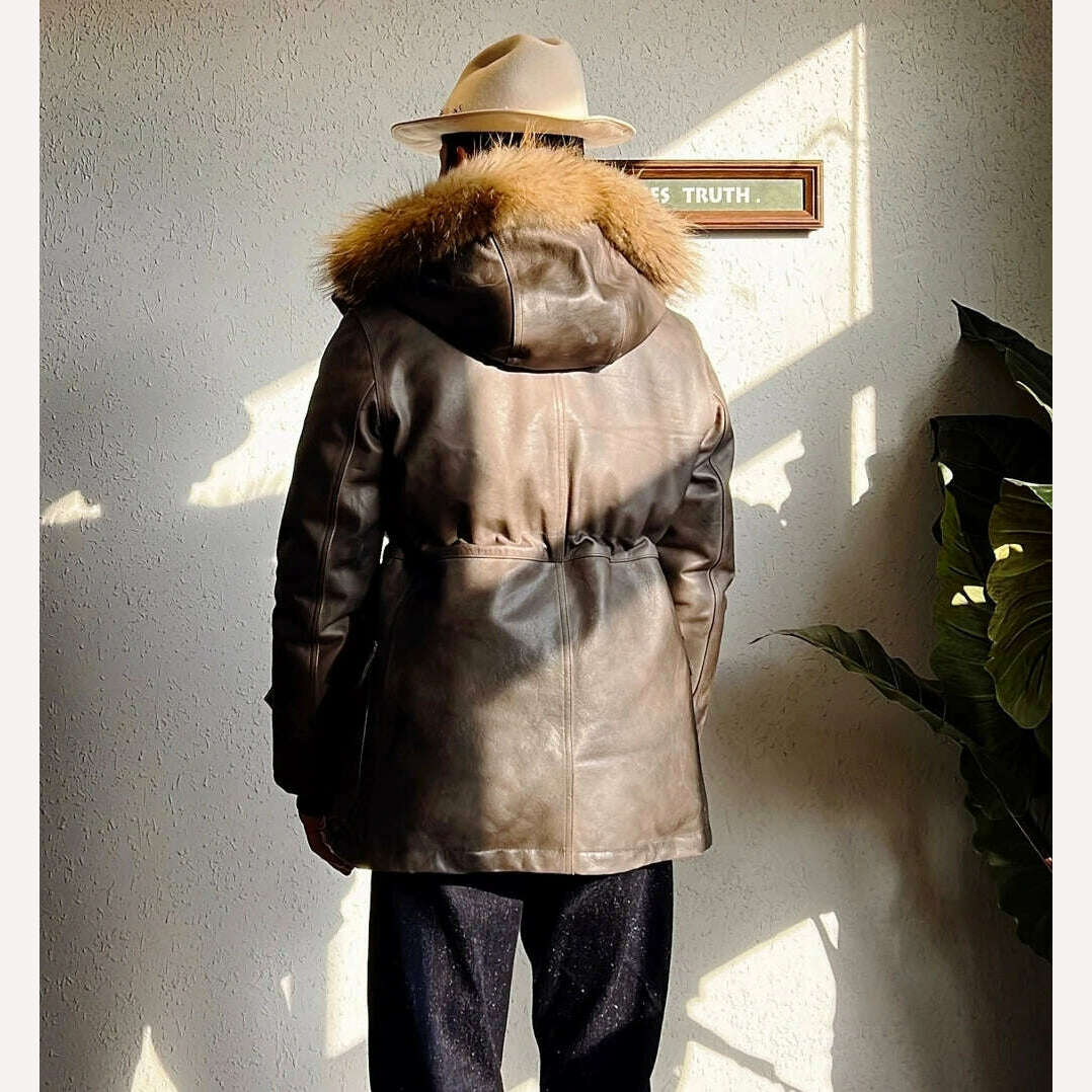 CD2375 Red Tornado Big Size Super Warm Mens Genuine Cow Leather 90% Duck Feather Jacket Long N3B Coat - KIMLUD