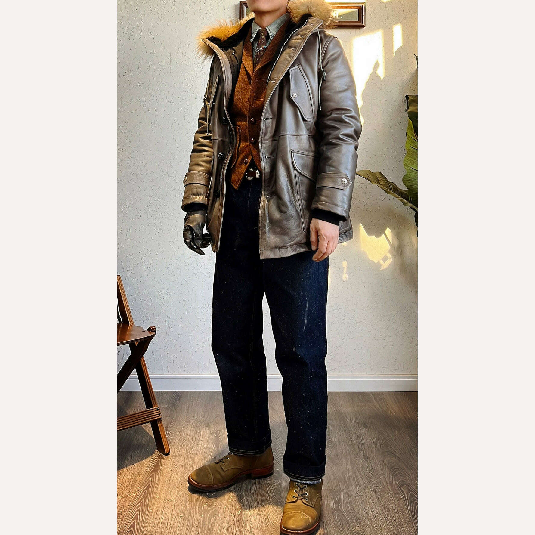 CD2375 Red Tornado Big Size Super Warm Mens Genuine Cow Leather 90% Duck Feather Jacket Long N3B Coat - KIMLUD