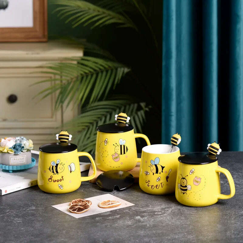 KIMLUD, Ceramic Cartoon Bee Mug With Spoon Lid Ceramic Coffee Cups Free Shipping Original Breakfast Cups Christmas Gift Coffee Cup Sets, KIMLUD Womens Clothes