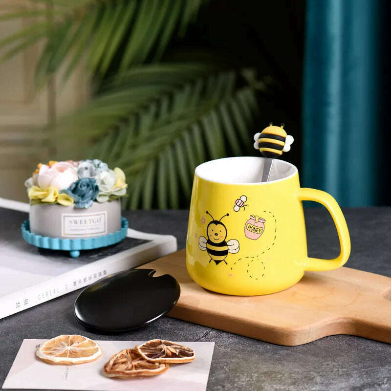 KIMLUD, Ceramic Cartoon Bee Mug With Spoon Lid Ceramic Coffee Cups Free Shipping Original Breakfast Cups Christmas Gift Coffee Cup Sets, KIMLUD Womens Clothes