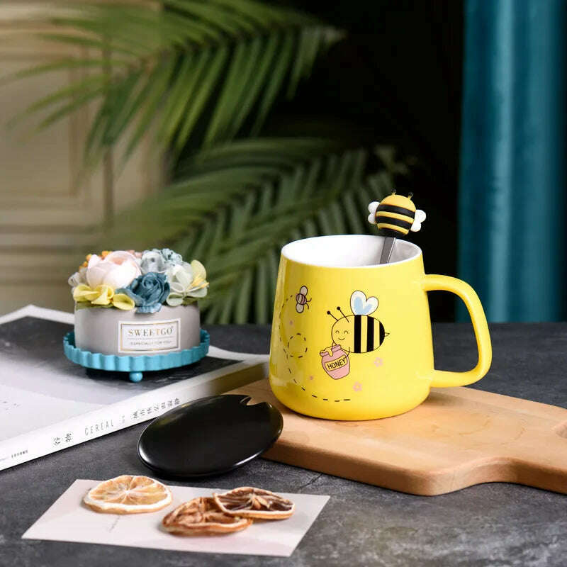 KIMLUD, Ceramic Cartoon Bee Mug With Spoon Lid Ceramic Coffee Cups Free Shipping Original Breakfast Cups Christmas Gift Coffee Cup Sets, KIMLUD Womens Clothes