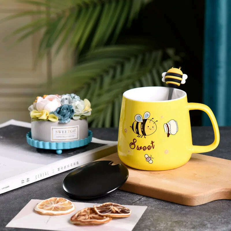 KIMLUD, Ceramic Cartoon Bee Mug With Spoon Lid Ceramic Coffee Cups Free Shipping Original Breakfast Cups Christmas Gift Coffee Cup Sets, B / 401-500ml, KIMLUD APPAREL - Womens Clothes