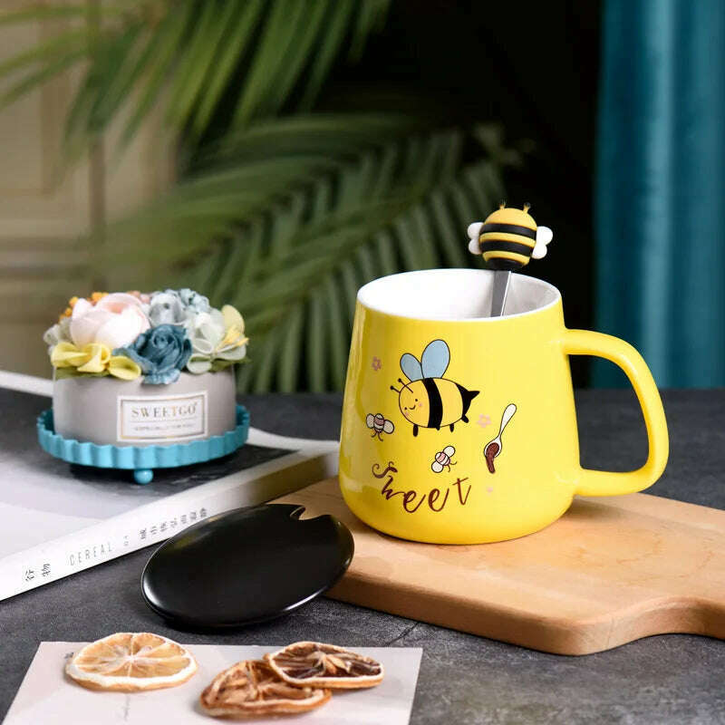 KIMLUD, Ceramic Cartoon Bee Mug With Spoon Lid Ceramic Coffee Cups Free Shipping Original Breakfast Cups Christmas Gift Coffee Cup Sets, D / 401-500ml, KIMLUD APPAREL - Womens Clothes