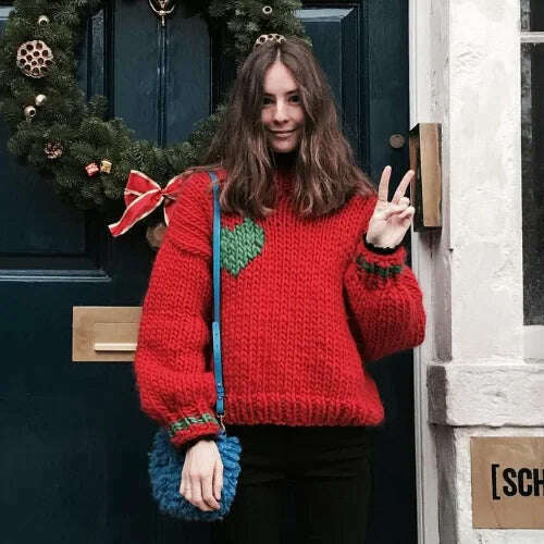 Christmas Big Red Beautiful Nuo Pure Wool Pure Wool Handmade Knitted Coarse Wool Sweater Women's Long Sleeve Pullover Love Women - KIMLUD