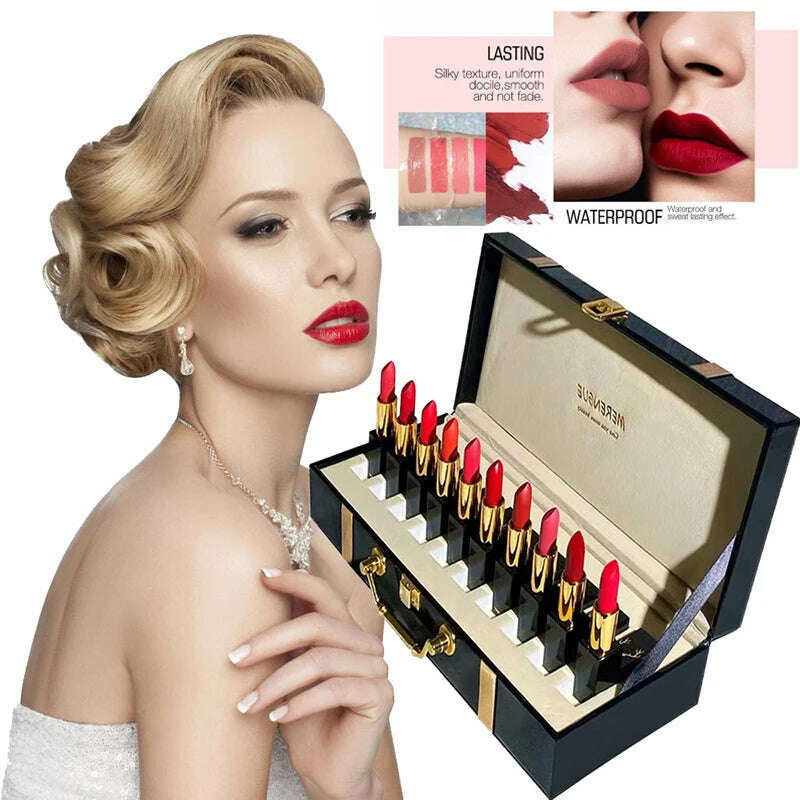 Christmas Lipstick Set Wooden Box Lip Gloss Collection Not Easy to Fade Moisturizing Nude Makeup Kit Birthday Gift 10 Pcs - KIMLUD