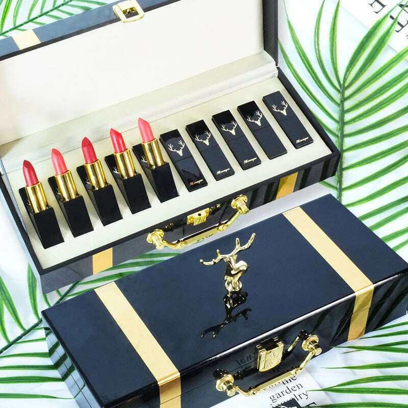 Christmas Lipstick Set Wooden Box Lip Gloss Collection Not Easy to Fade Moisturizing Nude Makeup Kit Birthday Gift 10 Pcs - KIMLUD