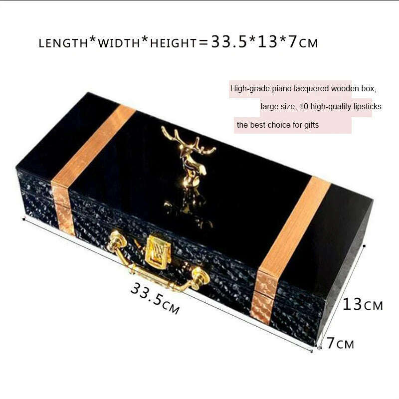 Christmas Lipstick Set Wooden Box Lip Gloss Collection Not Easy to Fade Moisturizing Nude Makeup Kit Birthday Gift 10 Pcs - KIMLUD