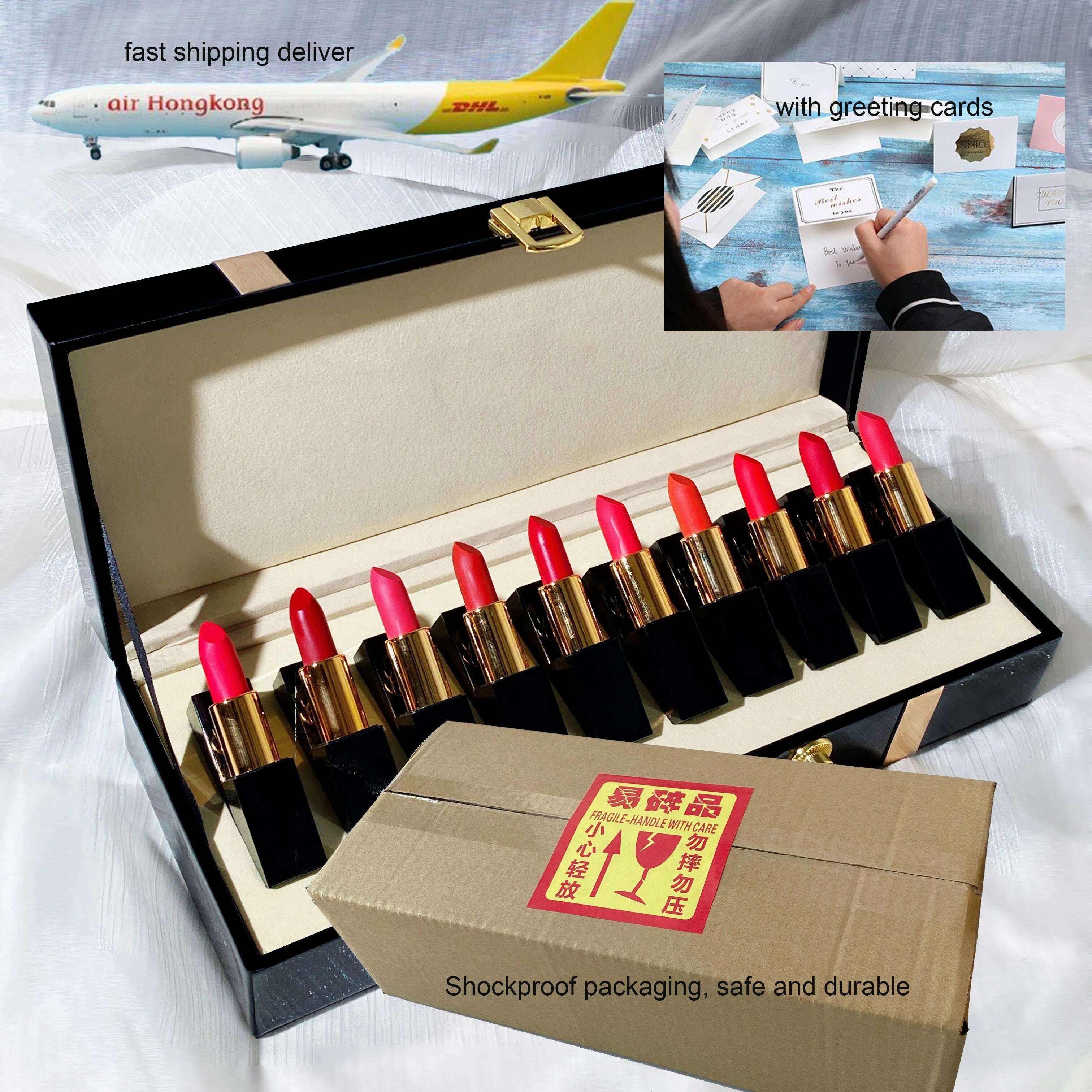 Christmas Lipstick Set Wooden Box Lip Gloss Collection Not Easy to Fade Moisturizing Nude Makeup Kit Birthday Gift 10 Pcs - KIMLUD
