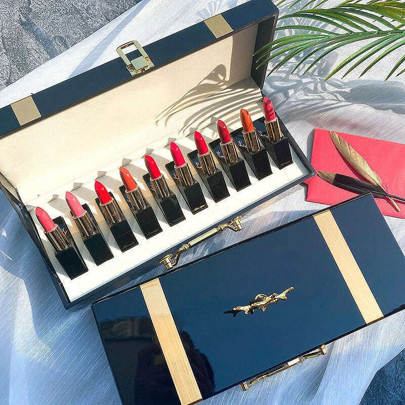 Christmas Lipstick Set Wooden Box Lip Gloss Collection Not Easy to Fade Moisturizing Nude Makeup Kit Birthday Gift 10 Pcs - KIMLUD
