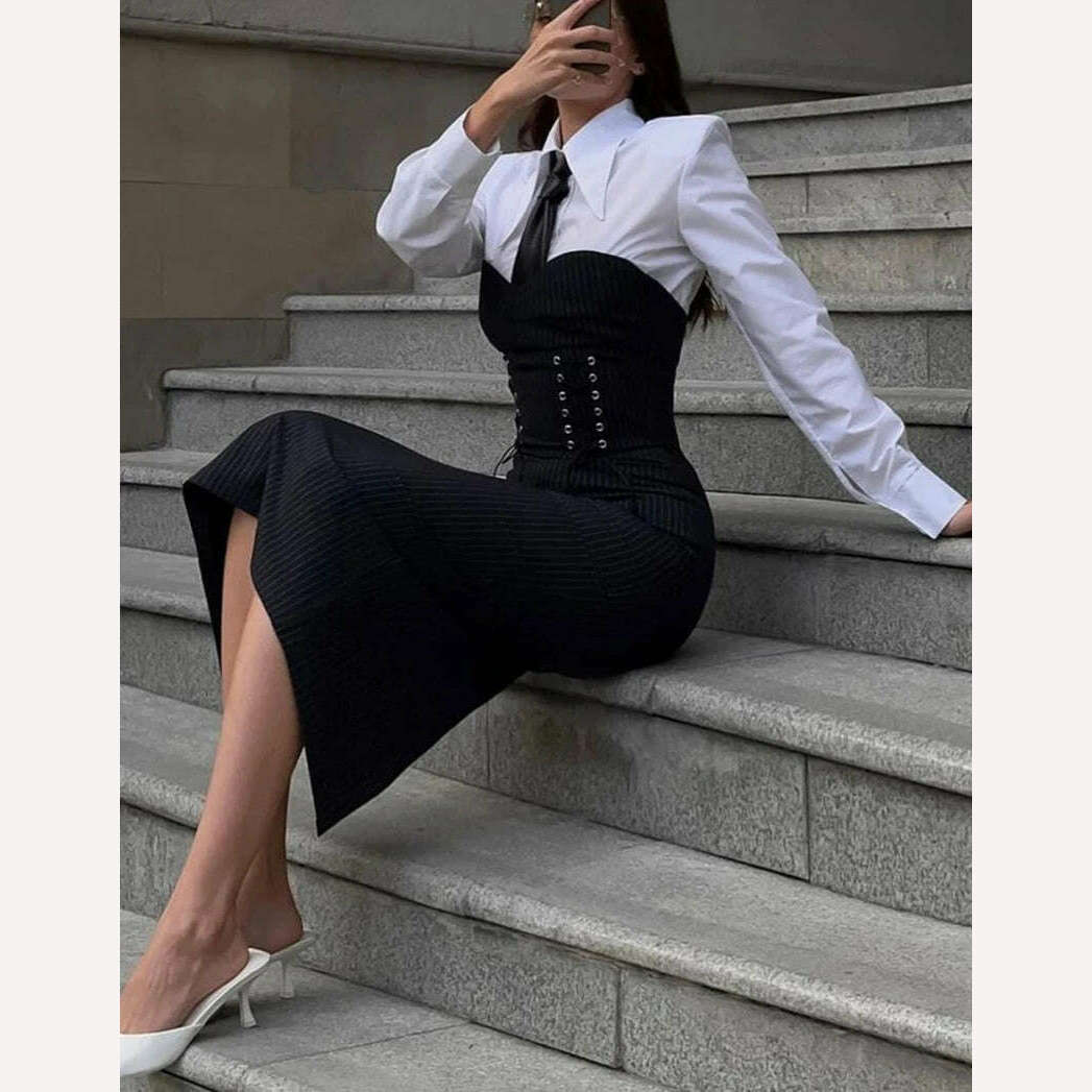Clacive Fashion Slim Black 2 Piece Sets Women Outfit Elegant Long Sleeve Shirt With Strapless Bandage Midi Dress Set Streetwear - KIMLUD