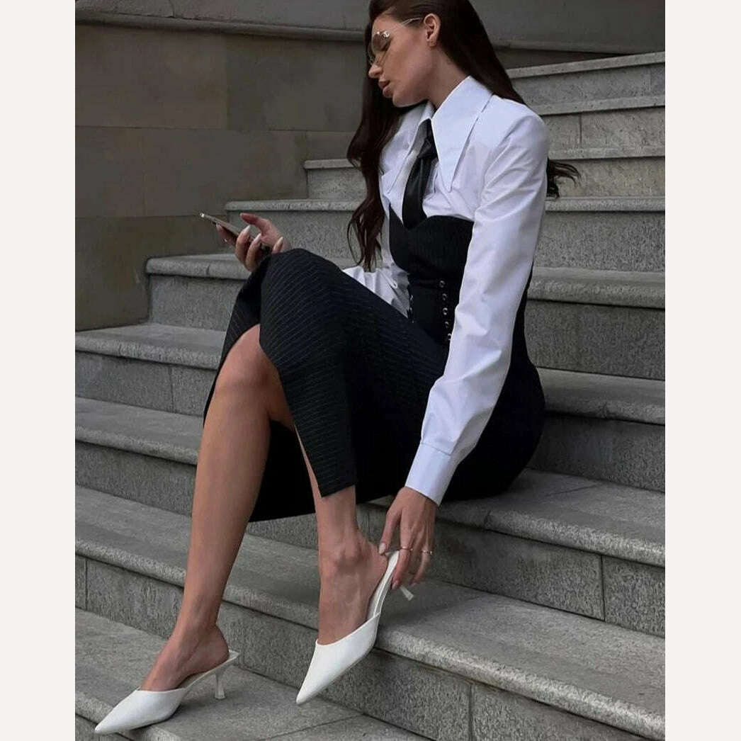 Clacive Fashion Slim Black 2 Piece Sets Women Outfit Elegant Long Sleeve Shirt With Strapless Bandage Midi Dress Set Streetwear - KIMLUD
