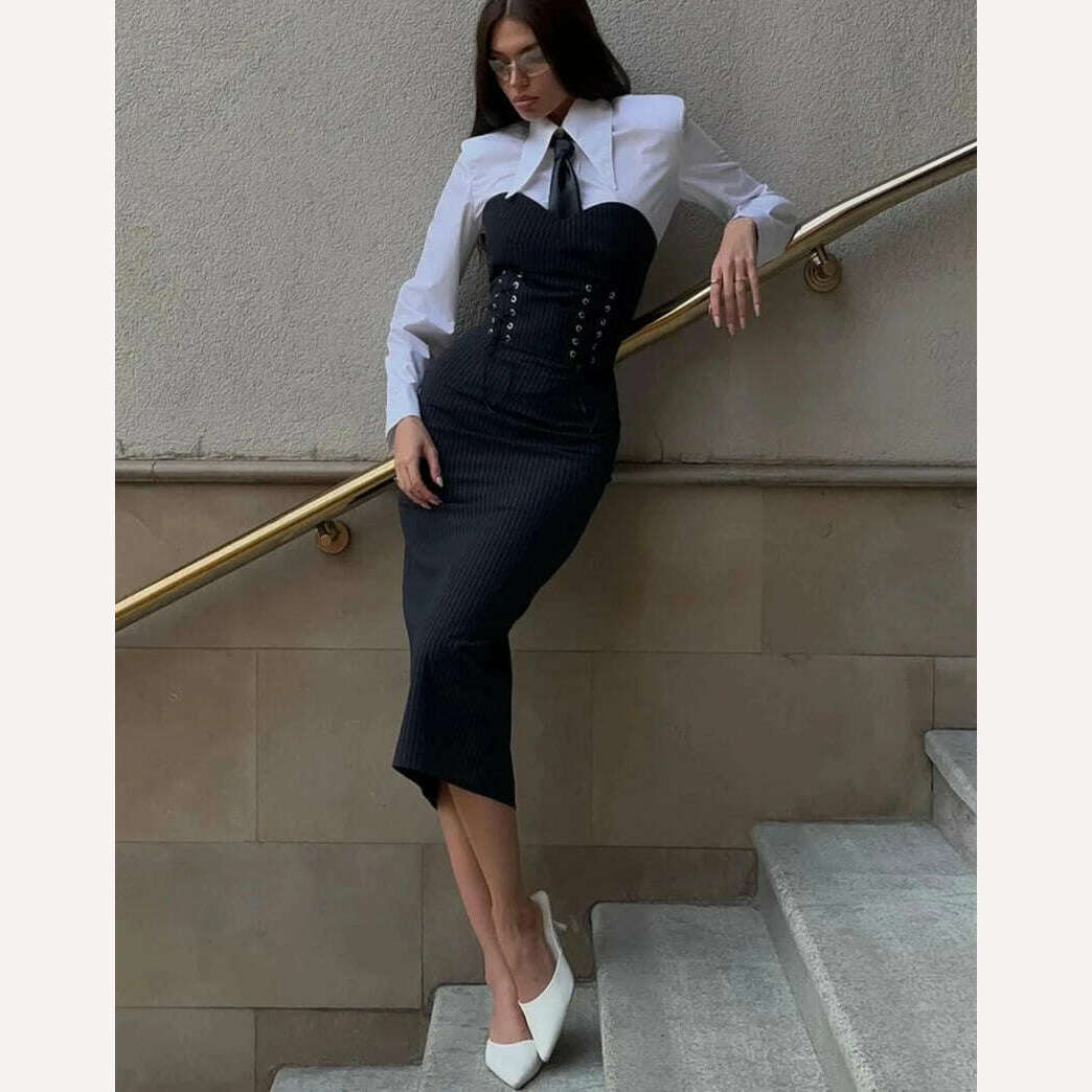 Clacive Fashion Slim Black 2 Piece Sets Women Outfit Elegant Long Sleeve Shirt With Strapless Bandage Midi Dress Set Streetwear - KIMLUD