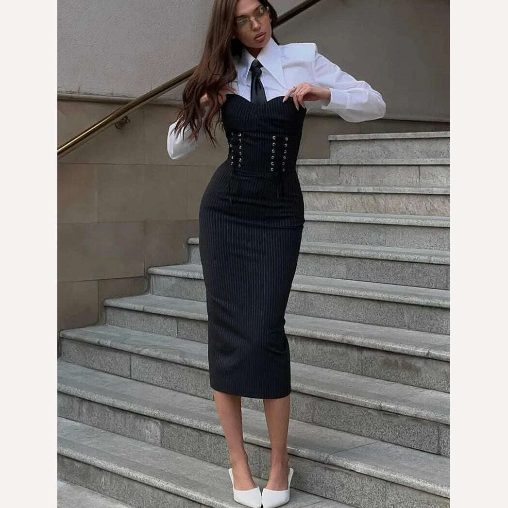 Clacive Fashion Slim Black 2 Piece Sets Women Outfit Elegant Long Sleeve Shirt With Strapless Bandage Midi Dress Set Streetwear - KIMLUD