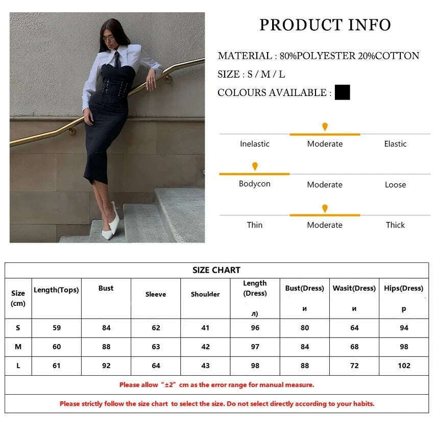 Clacive Fashion Slim Black 2 Piece Sets Women Outfit Elegant Long Sleeve Shirt With Strapless Bandage Midi Dress Set Streetwear - KIMLUD
