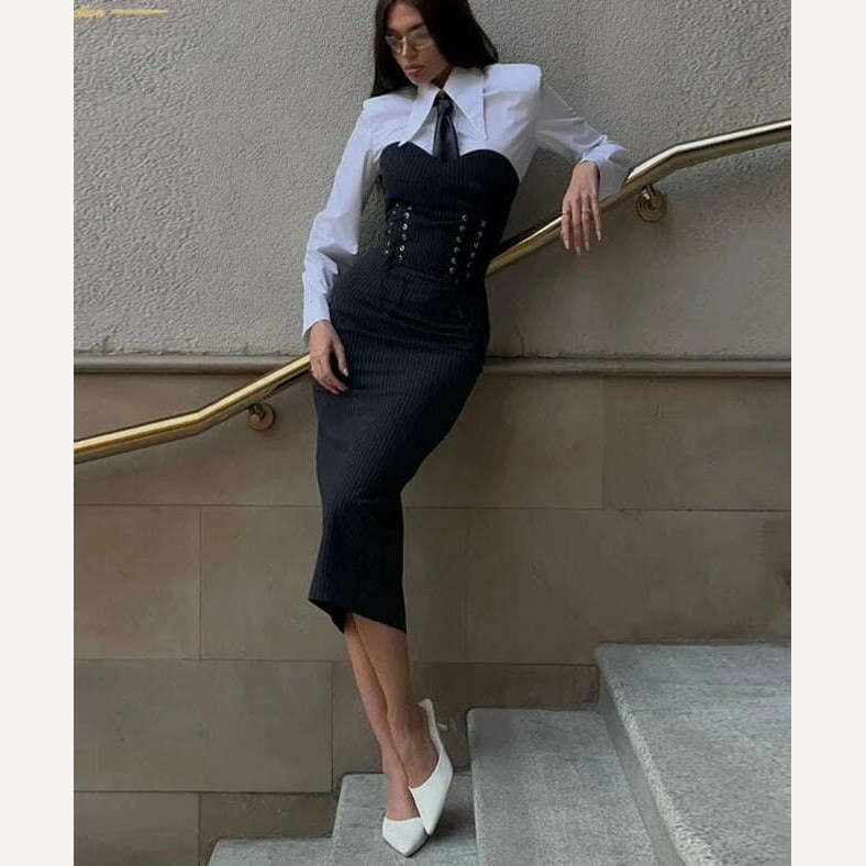 Clacive Fashion Slim Black 2 Piece Sets Women Outfit Elegant Long Sleeve Shirt With Strapless Bandage Midi Dress Set Streetwear - KIMLUD