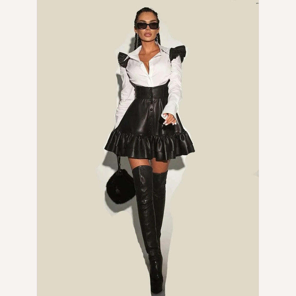Clacive Sexy Black Pu Leather Dress Sets For Women 2 Pieces Fashion Long Sleeve Shirt With High Waist Pleated Mini Dress Set - KIMLUD