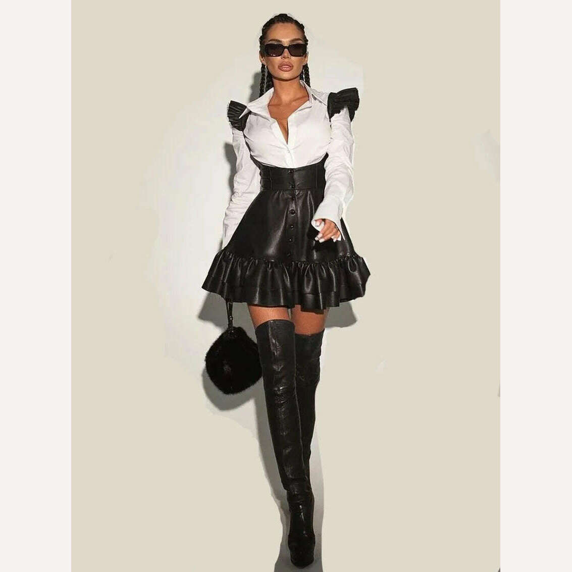 Clacive Sexy Black Pu Leather Dress Sets For Women 2 Pieces Fashion Long Sleeve Shirt With High Waist Pleated Mini Dress Set - KIMLUD
