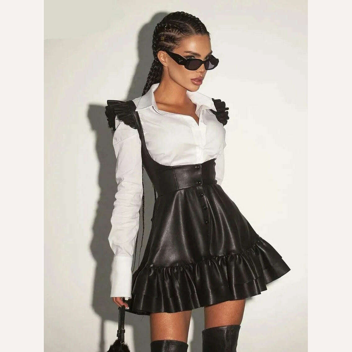 Clacive Sexy Black Pu Leather Dress Sets For Women 2 Pieces Fashion Long Sleeve Shirt With High Waist Pleated Mini Dress Set - KIMLUD
