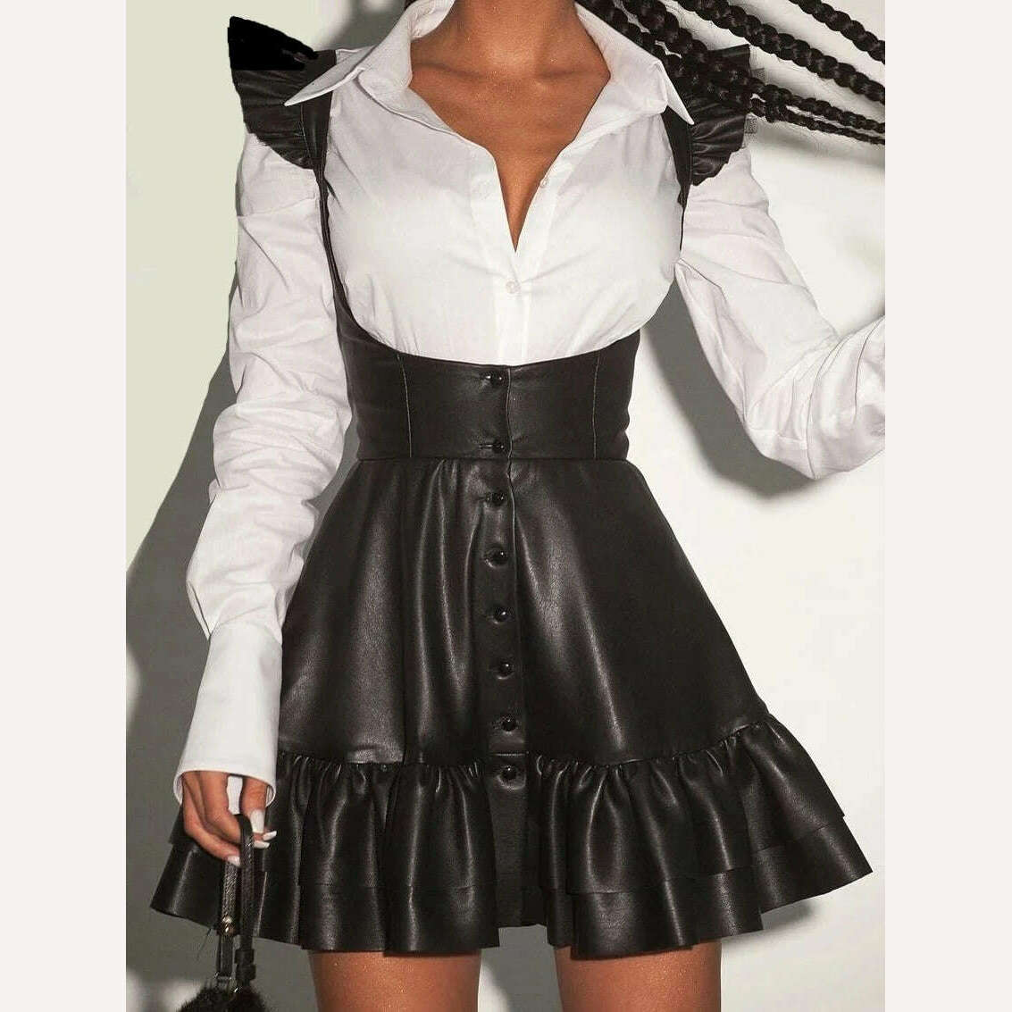 Clacive Sexy Black Pu Leather Dress Sets For Women 2 Pieces Fashion Long Sleeve Shirt With High Waist Pleated Mini Dress Set - KIMLUD