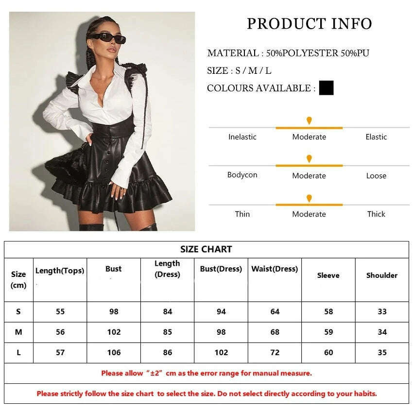 Clacive Sexy Black Pu Leather Dress Sets For Women 2 Pieces Fashion Long Sleeve Shirt With High Waist Pleated Mini Dress Set - KIMLUD
