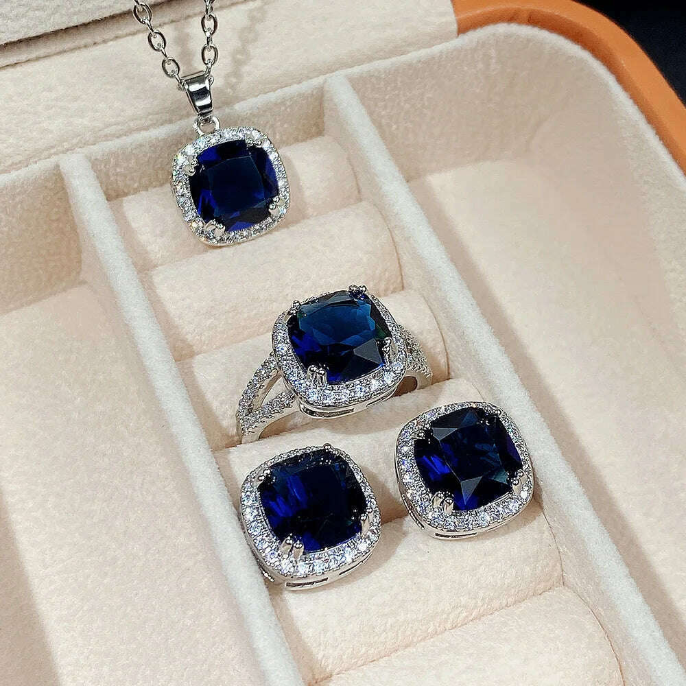 Classic Female Rings 925 Sterling Silver Square Blue Zircon Finger Rings for Women Geometric Cubic Zircon Crystal Party Jewelry - KIMLUD