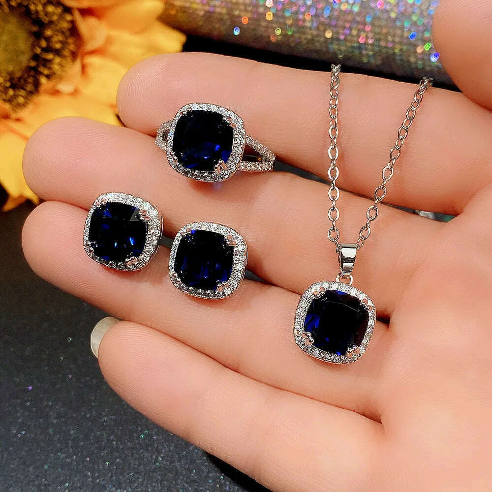 Classic Female Rings 925 Sterling Silver Square Blue Zircon Finger Rings for Women Geometric Cubic Zircon Crystal Party Jewelry - KIMLUD