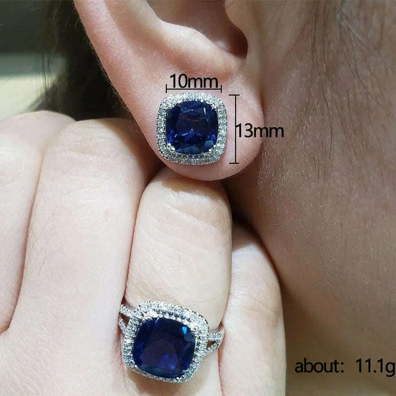 Classic Female Rings 925 Sterling Silver Square Blue Zircon Finger Rings for Women Geometric Cubic Zircon Crystal Party Jewelry - KIMLUD