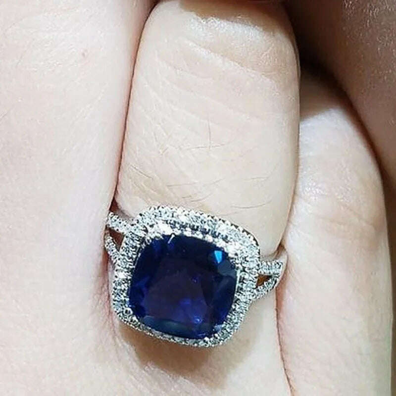 Classic Female Rings 925 Sterling Silver Square Blue Zircon Finger Rings for Women Geometric Cubic Zircon Crystal Party Jewelry - KIMLUD