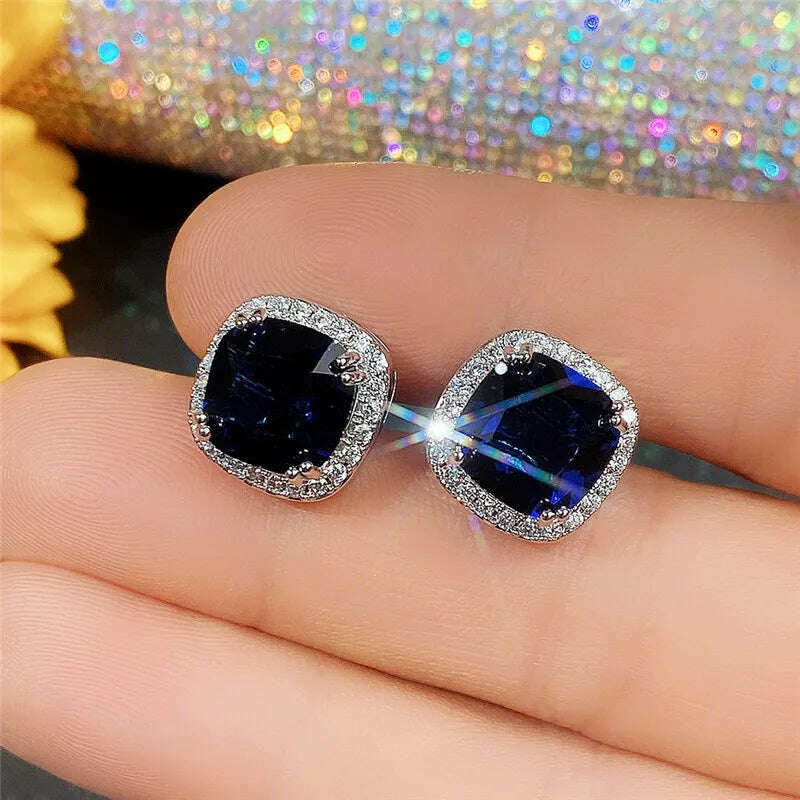 Classic Female Rings 925 Sterling Silver Square Blue Zircon Finger Rings for Women Geometric Cubic Zircon Crystal Party Jewelry - KIMLUD
