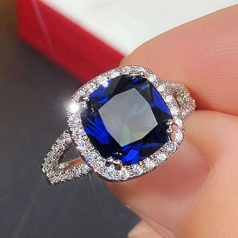 Classic Female Rings 925 Sterling Silver Square Blue Zircon Finger Rings for Women Geometric Cubic Zircon Crystal Party Jewelry - KIMLUD