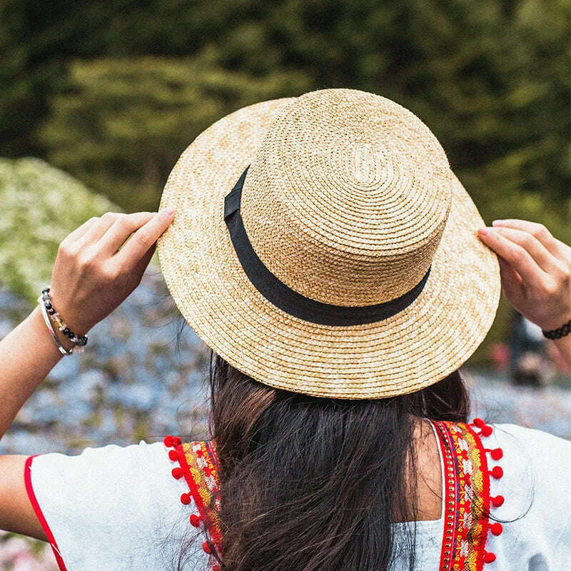 Classical Beach Hat Ribbon Bowknot Boater Hat Wide Brim Summer Sun Hats for Women Ladies Wheat Straw Cap Kentucky Derby Hat - KIMLUD