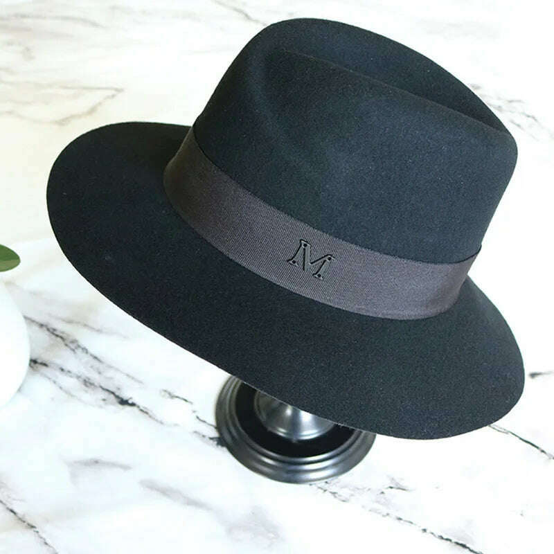 Classical Black Wide Brim Women Hat Wool Fedora Hat Ladies Panama Cloche Hat for Wedding Dress Derby Church Hats Warm - KIMLUD