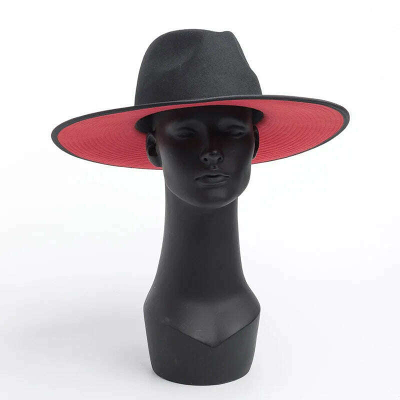 Classical Unisex Wide Brim Splice Two Tone Wool Fedora Winter Warm Wide Brim Women Hats Red Black Ladies Church Derby Dress Hat - KIMLUD