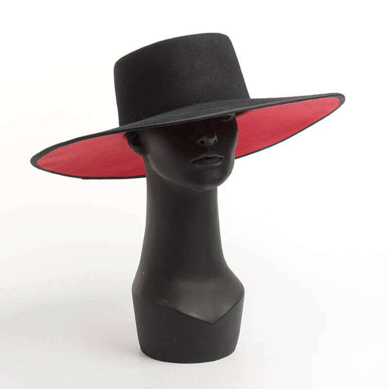 Classical Unisex Wide Brim Splice Two Tone Wool Fedora Winter Warm Wide Brim Women Hats Red Black Ladies Church Derby Dress Hat - KIMLUD